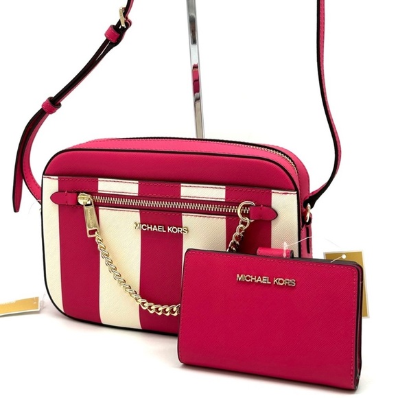 Michael Kors LG EW Crossbody Bag Cider & Bifold Zip Chain Wallet Electric Pink - Picture 1 of 13